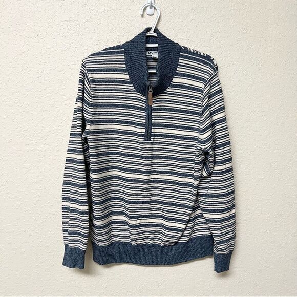 Duluth Trading Strongarm 1/4 Zip Mock Neck Sweater Blue Striped Mens Size L - Picture 1 of 6